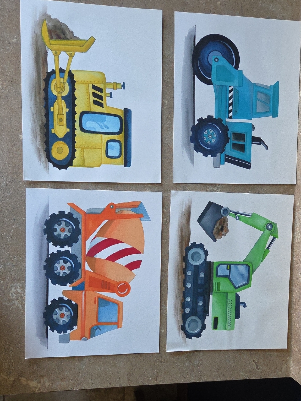Construction Vehicle Watercolor Wall Art Set for Kids - Set Of 4 - Cardstock
